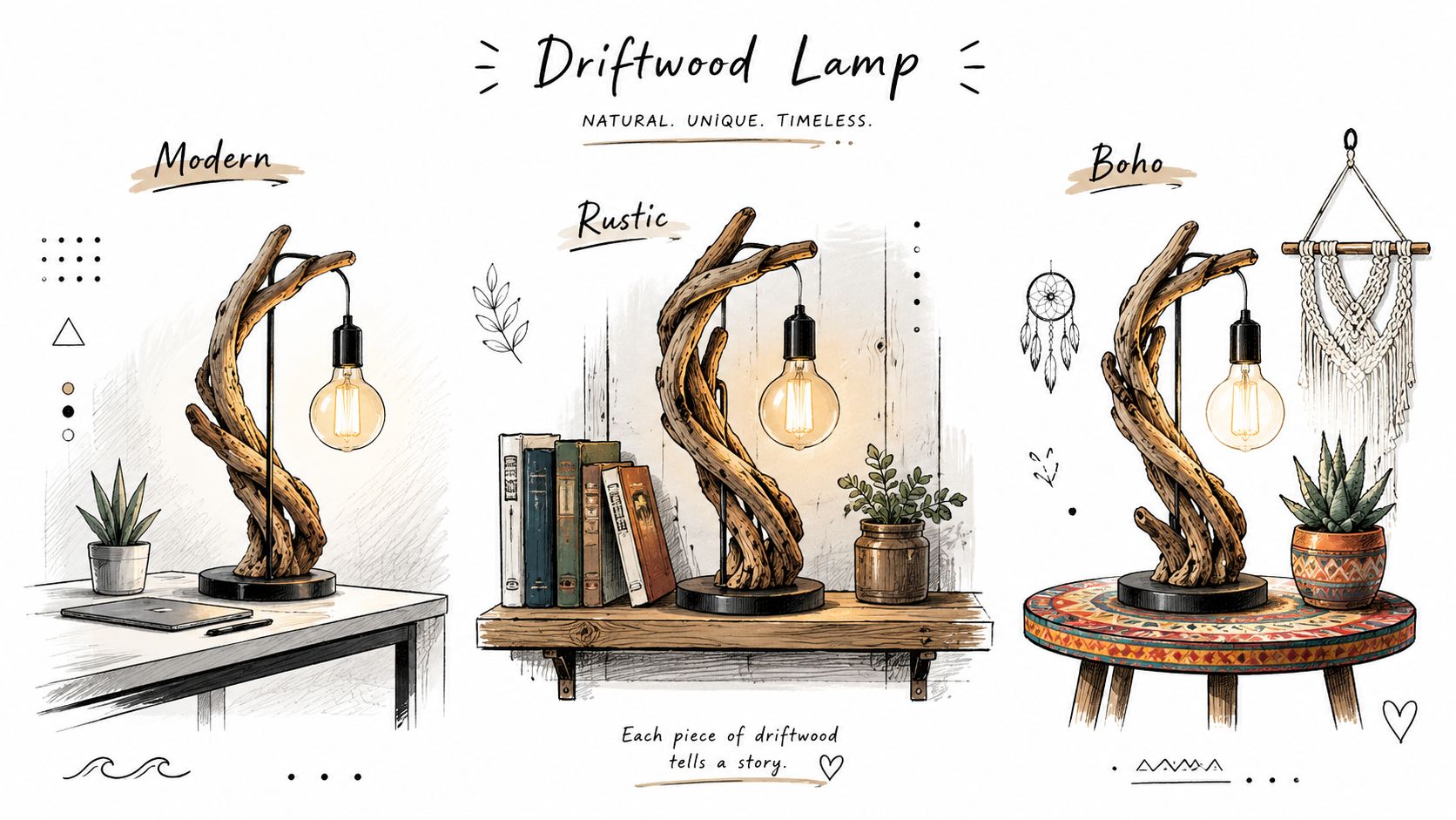 A digital illustration showing three different interior design styles featuring a unique driftwood table lamp design.
