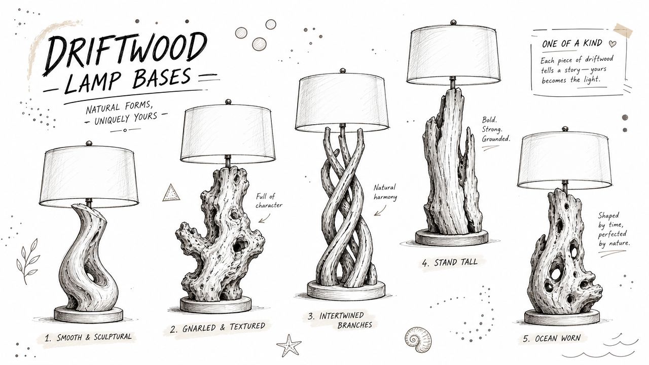 A design sketch showing five unique driftwood table lamp base styles with descriptive labels and artistic details.
