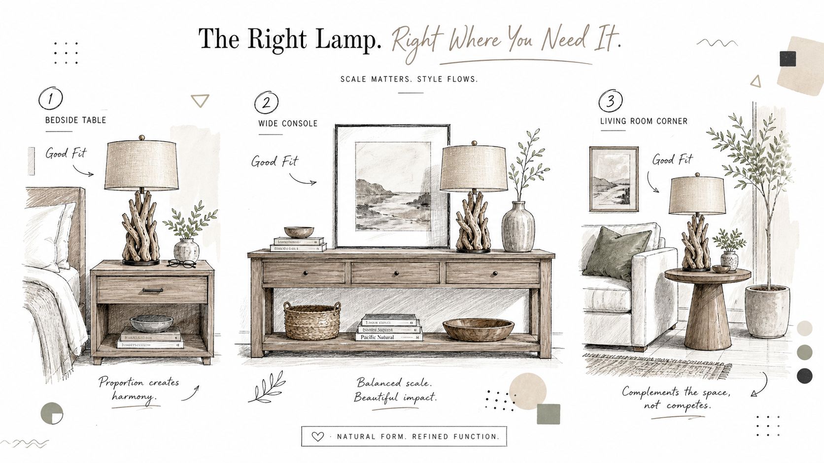 A design infographic showing the best ways to style a natural drift wood table lamp in different home interiors.