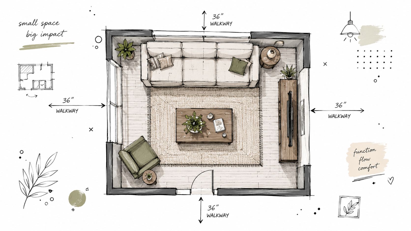 An illustrated floor plan of a small living room showcasing furniture placement and optimal walking paths.