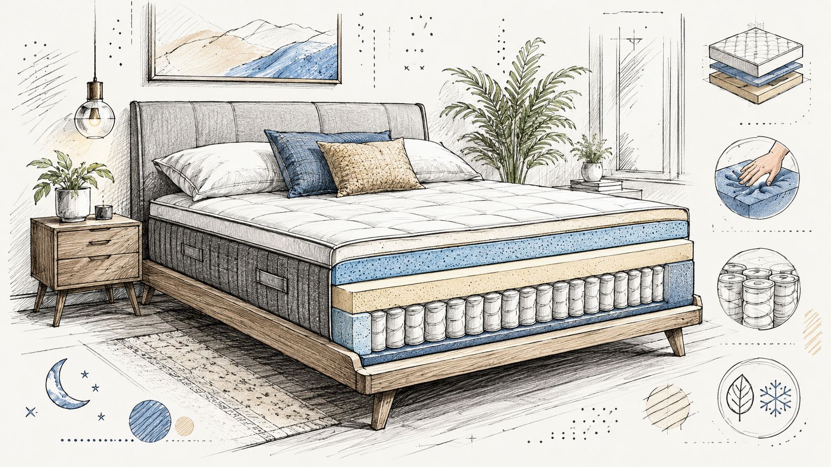 A detailed sketch of a modern bedroom featuring a cutaway view of a comfortable hybrid mattress.