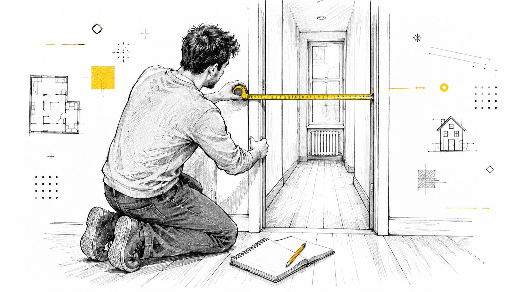 A person kneeling on a floor measuring a door frame with a yellow tape measure for renovations.