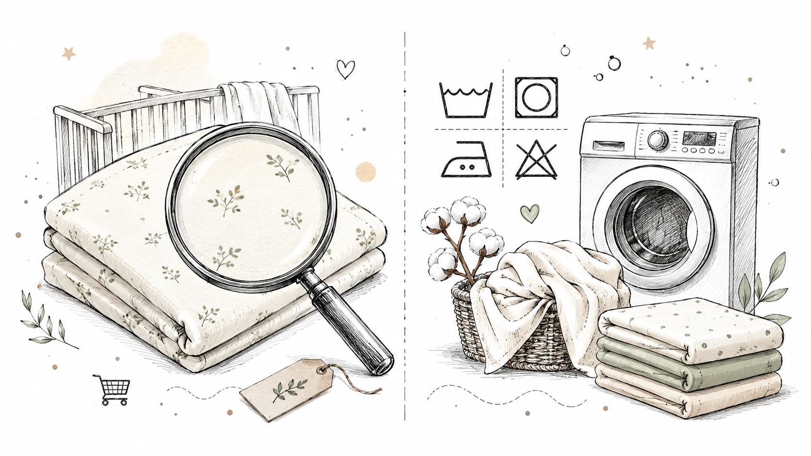 A pencil sketch style drawing of baby bedding, a washing machine, and laundry accessories.