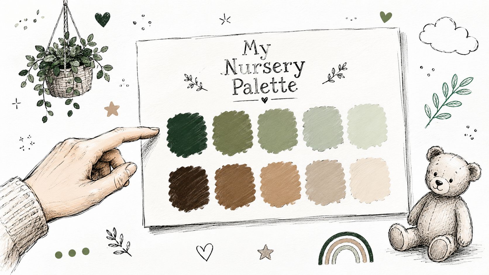A hand points toward a nursery color palette chart featuring various shades of green and brown tones.