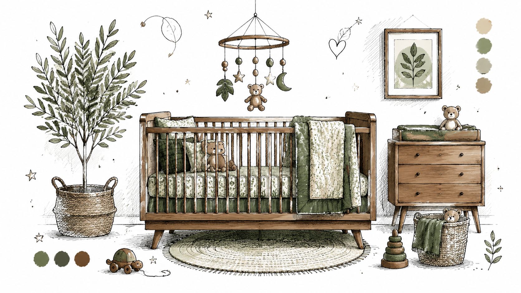 A cozy nursery room featuring wooden furniture, green bedding, and a decorative plant in a basket.