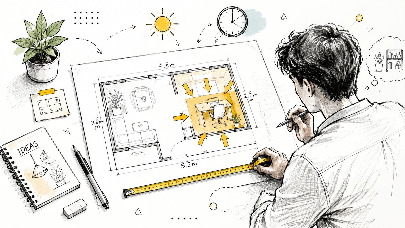 An architect sketching a home office floor plan with measurements, furniture, and sunlight analysis for workspace design.