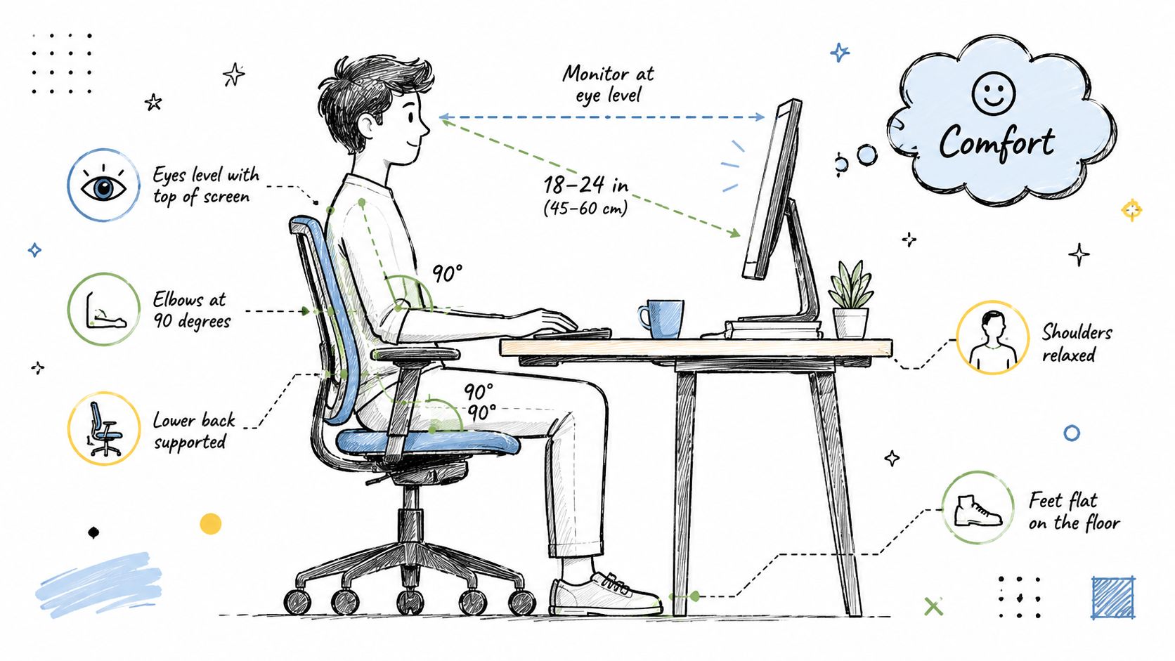 A diagram illustrating the correct ergonomic posture and ideal desk setup for working at a computer comfortably.