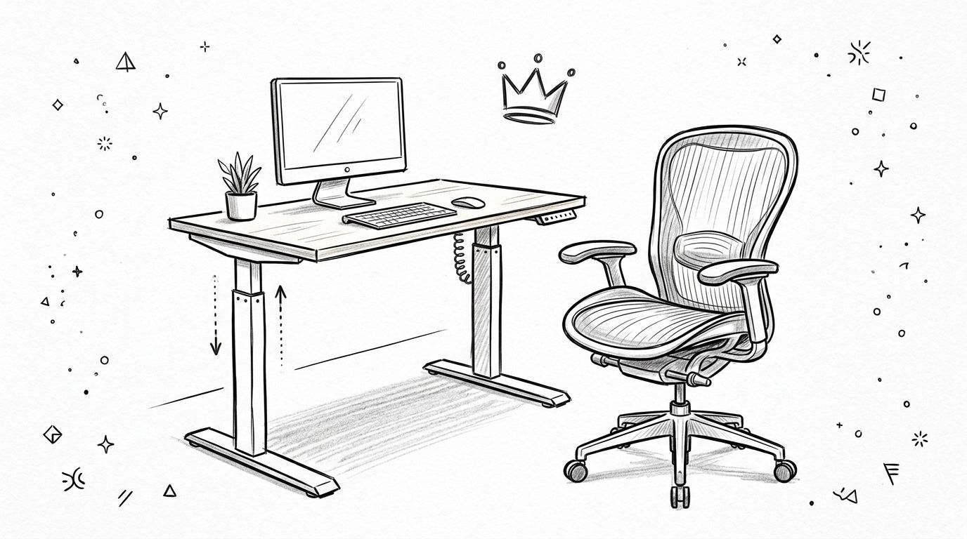 A pencil sketch of an ergonomic adjustable standing desk and a comfortable office chair for home working.