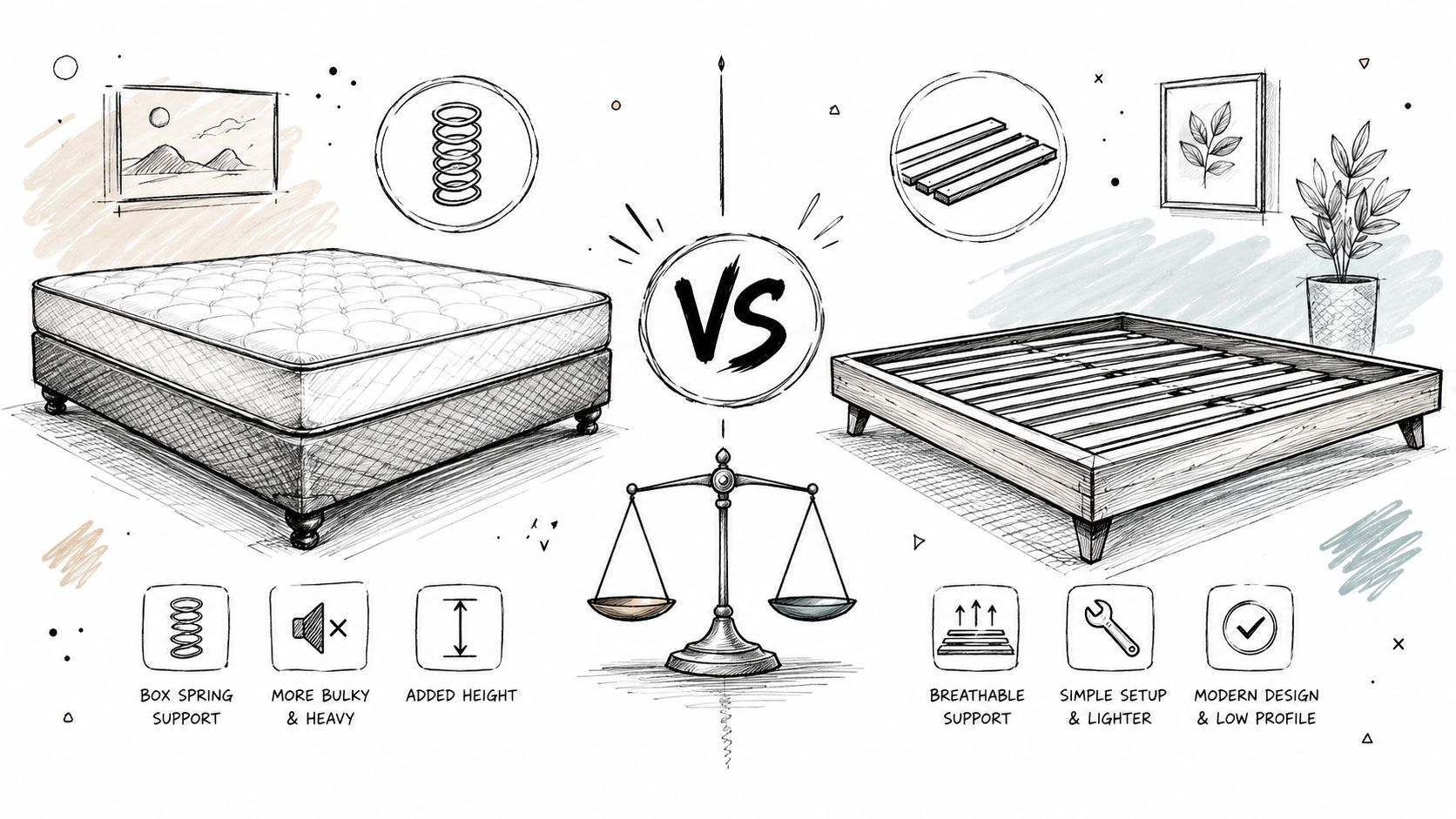 An illustration comparing a traditional mattress box spring base with a modern minimalist slat bed frame.
