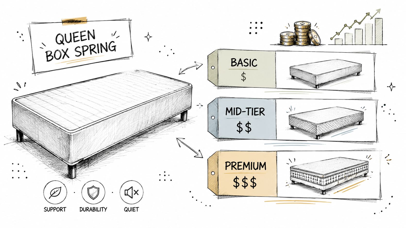 A hand-drawn illustration showing the different price tiers for queen box springs, from basic to premium.