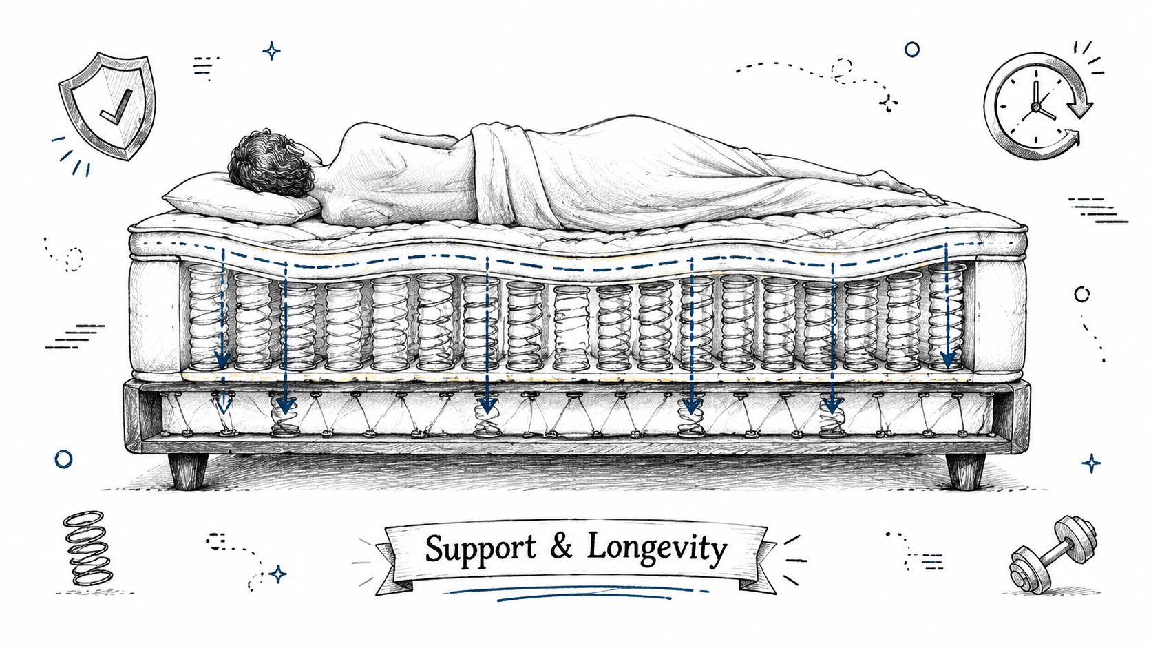 A cross-section illustration of a mattress showing inner springs, comfort layers, and supporting box spring base.