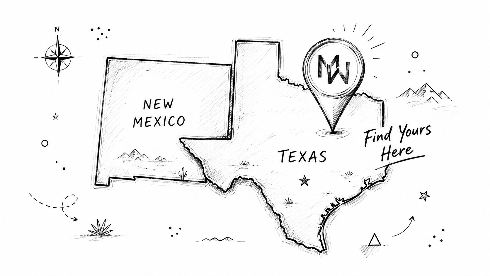 A hand-drawn map sketch highlighting Texas and New Mexico with a location pin and decorative elements.