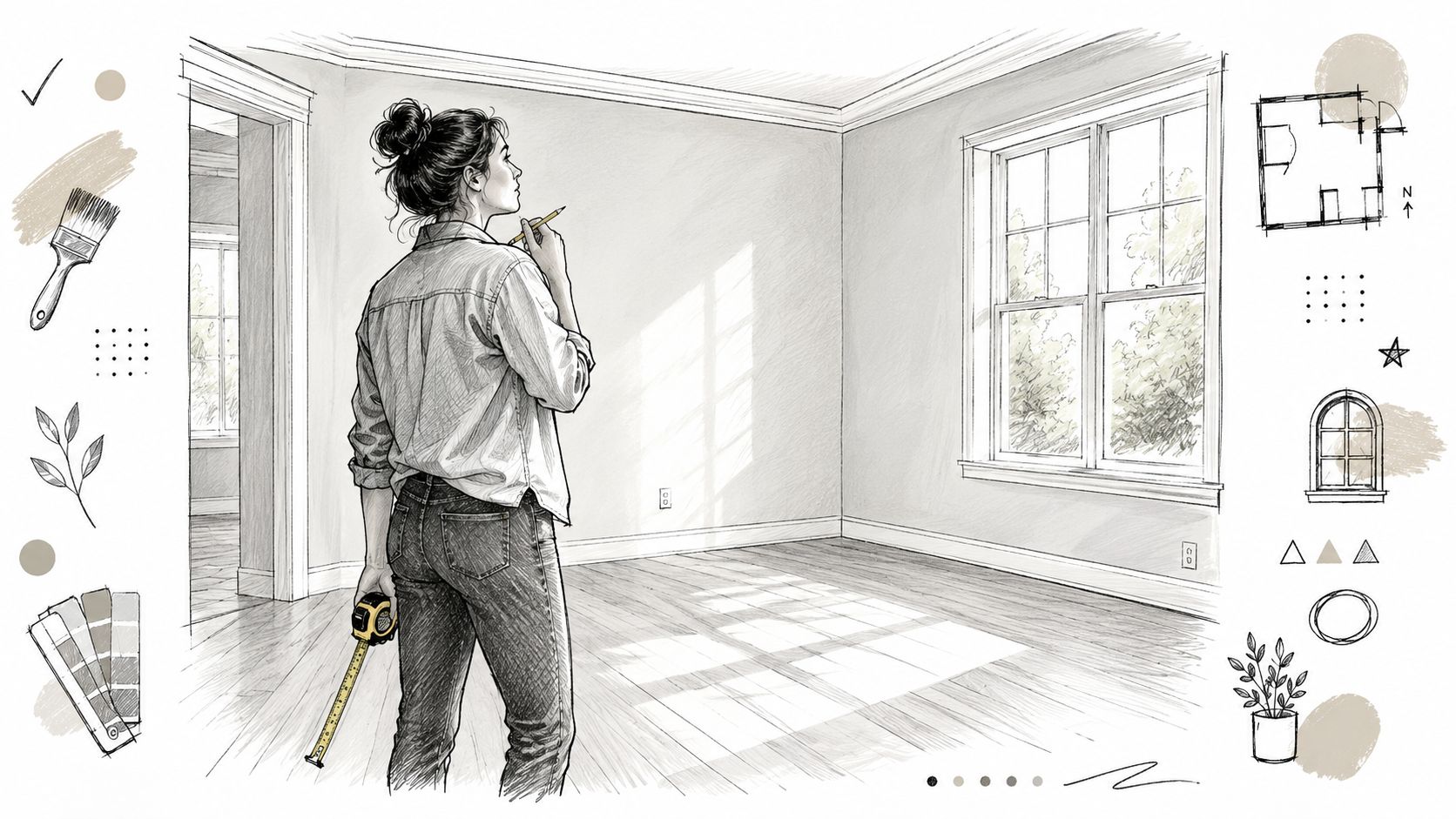 A woman holding a measuring tape stands in an empty room, planning a home renovation project.