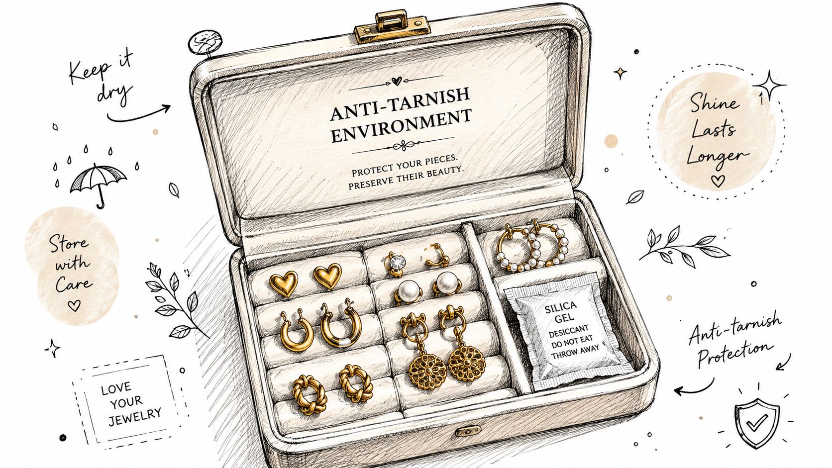 A sketched illustration of a jewelry box storing various earrings with anti-tarnish instructions and silica gel.
