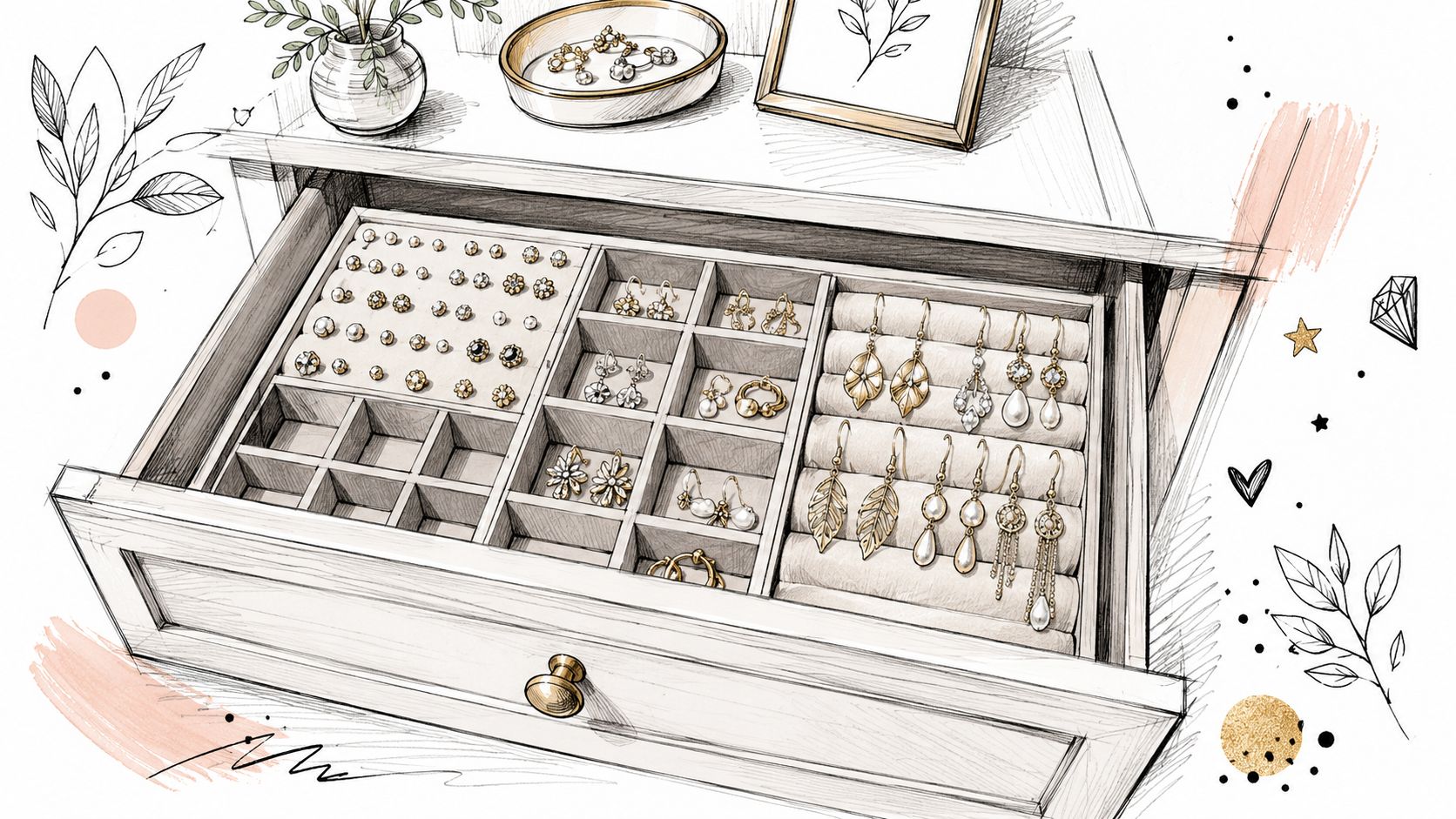 A detailed illustration of an open wooden dresser drawer organized with various earrings and jewelry pieces.