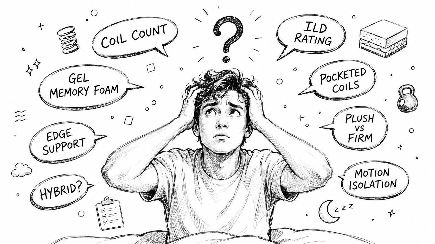 A confused person sitting in bed surrounded by floating thought bubbles of mattress terminology and concepts.