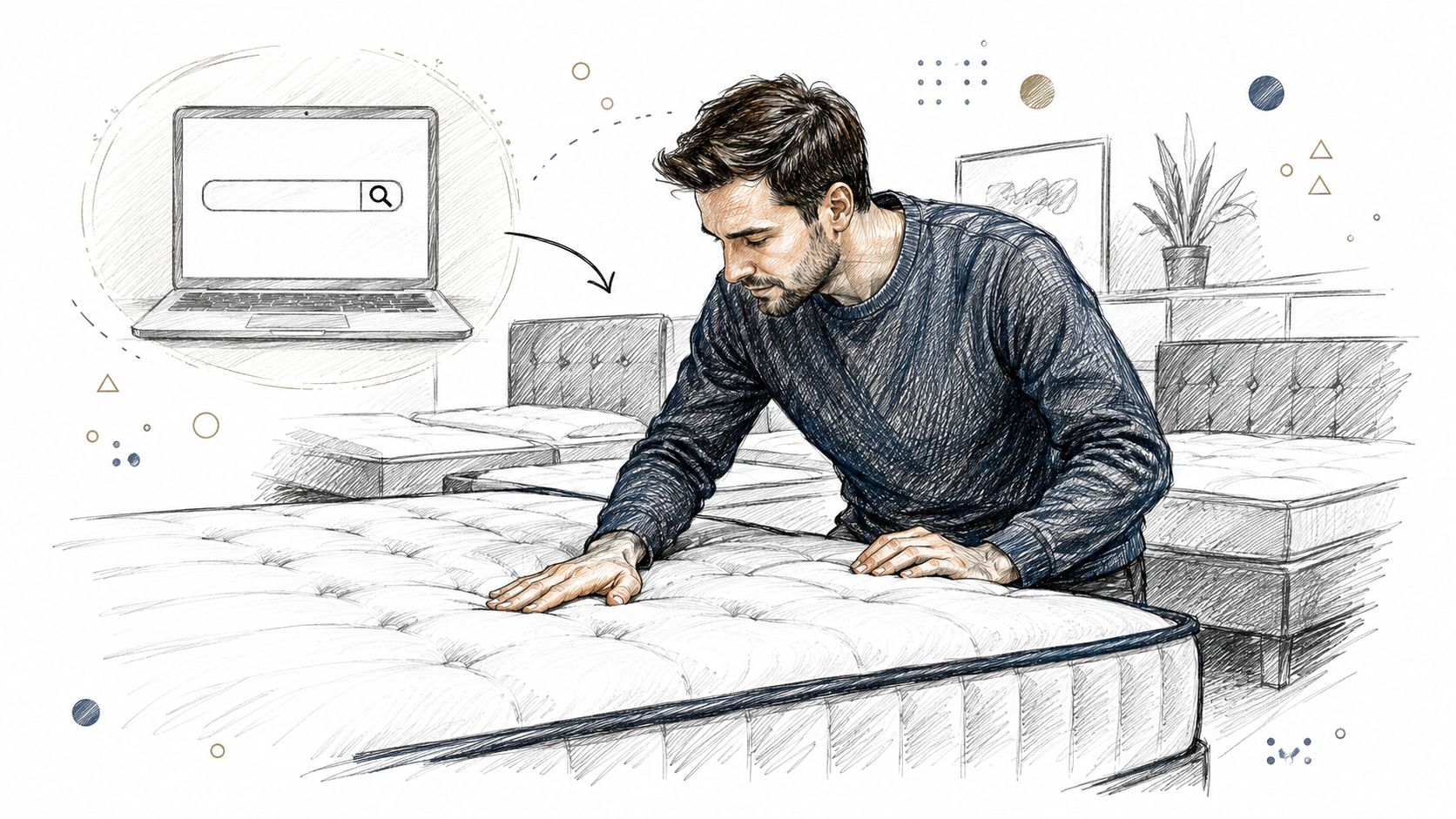 A man testing a mattress in a store, with an online search illustration floating above him.