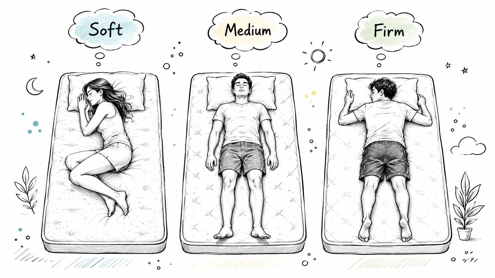 A hand-drawn illustration showing three people sleeping on soft, medium, and firm mattresses with thought bubbles above.