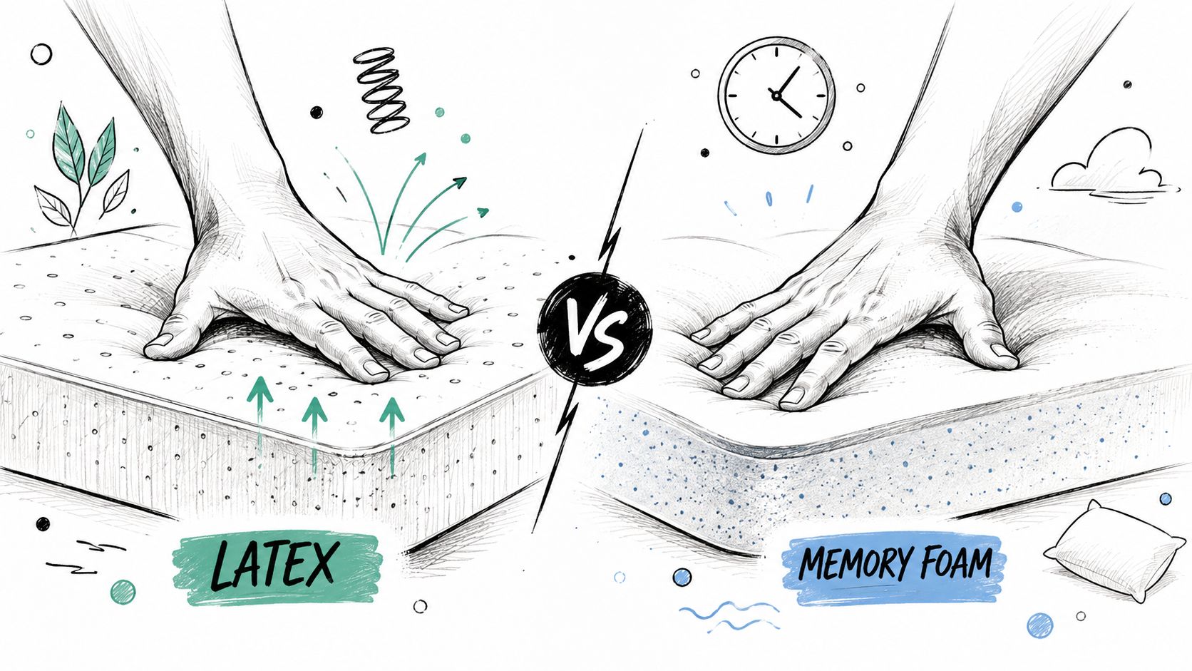 A hand presses into a latex mattress with bouncy arrows versus a hand sinking into memory foam.