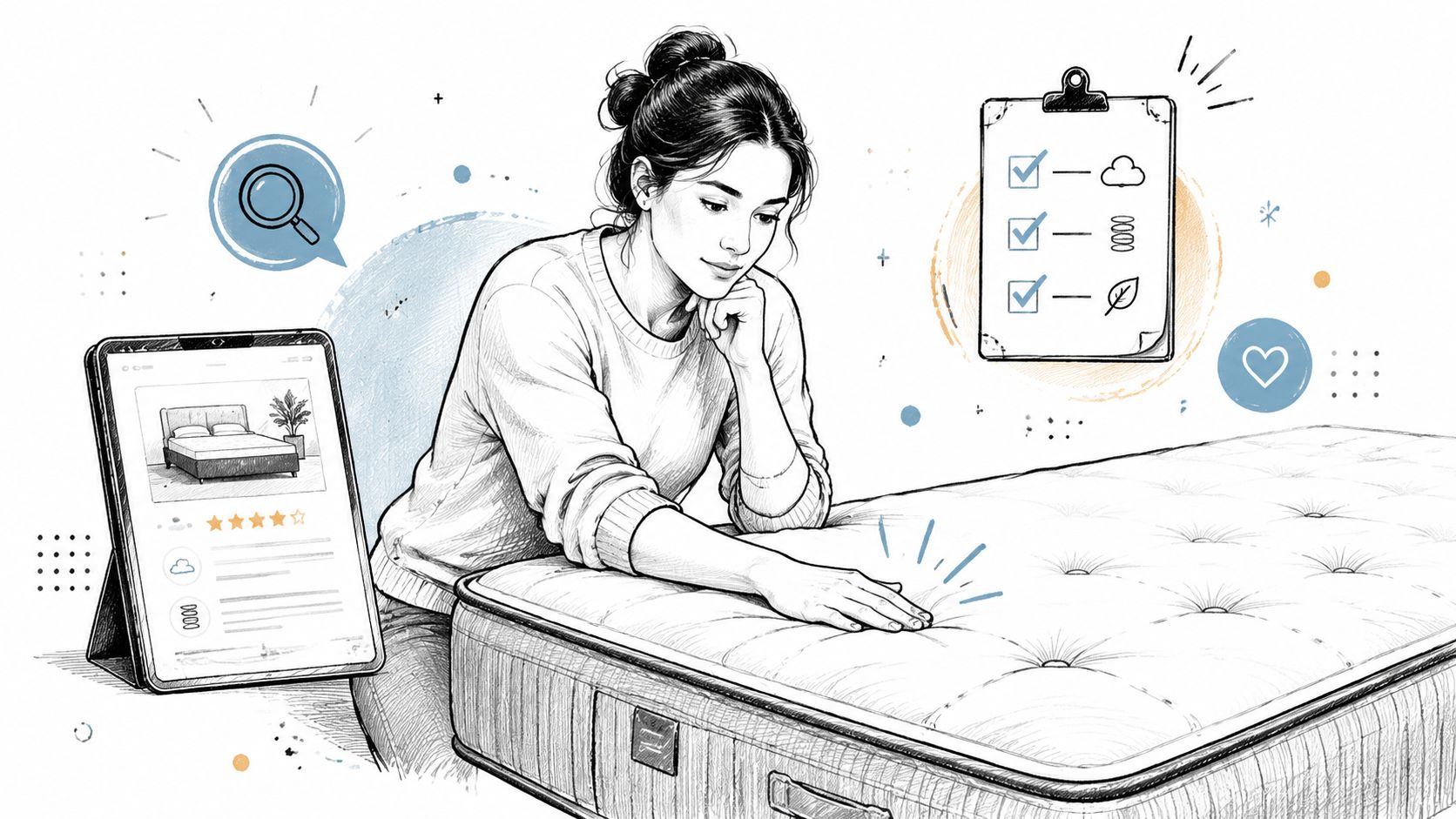 A woman researching and testing a mattress while looking at product reviews on a digital tablet.