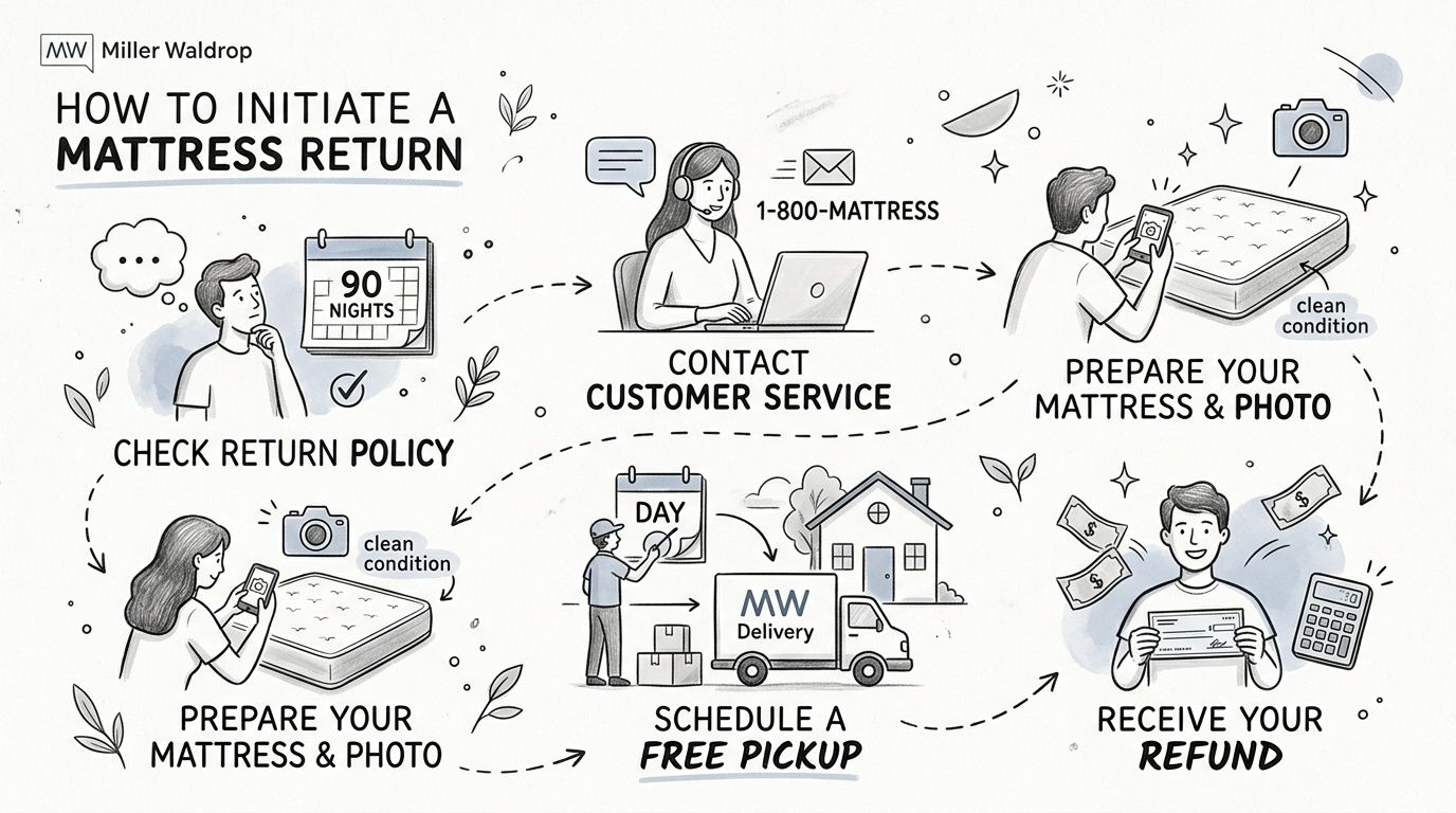 An infographic illustrating the six-step process for initiating a mattress return with Miller Waldrop.