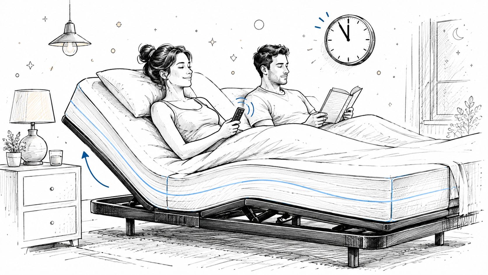 A couple relaxing in bed with an adjustable memory foam mattress while reading and using a remote.