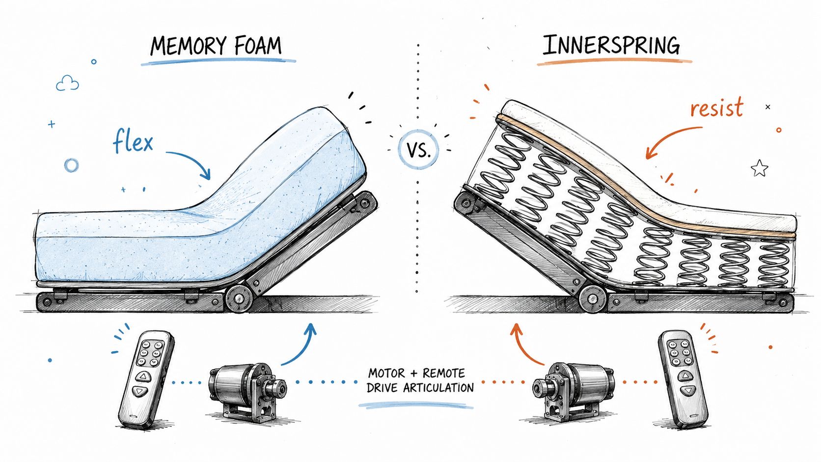 A diagram comparing a flexible memory foam mattress and a rigid innerspring mattress on adjustable bases.
