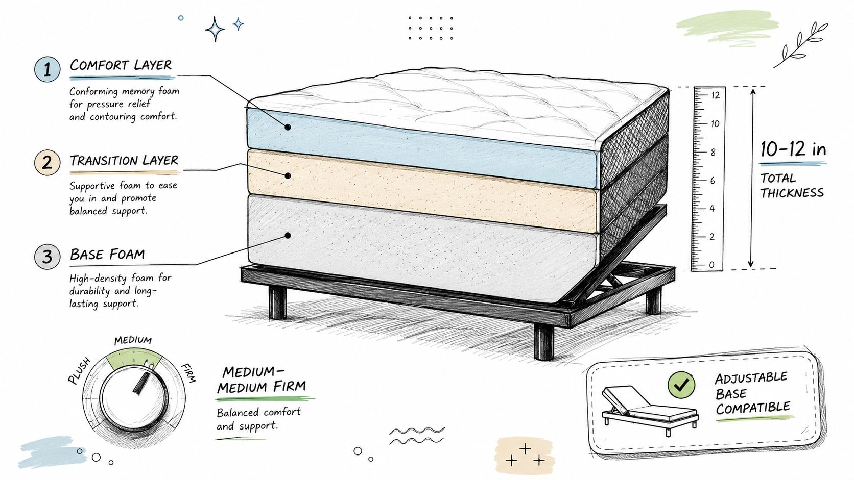 A diagram showing the three layers of a memory foam mattress, its thickness, and its adjustable base compatibility.
