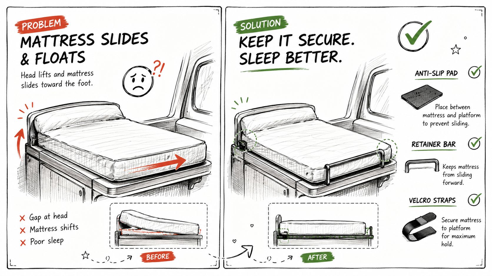 A diagram illustrating the problem of a mattress sliding on an adjustable base and three effective solutions.