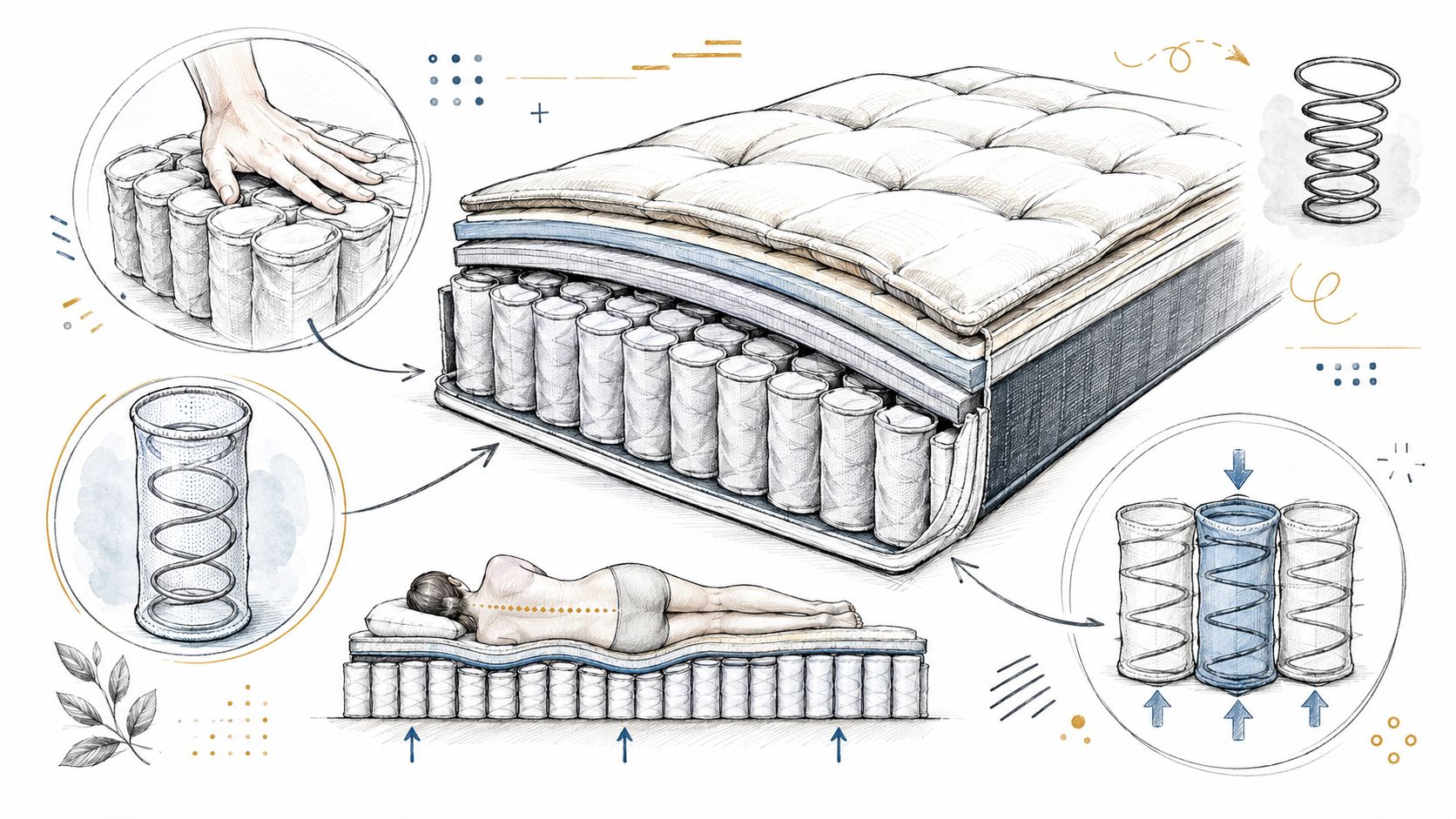 A detailed technical illustration showing the layers and structure of a pocket coil mattress design.