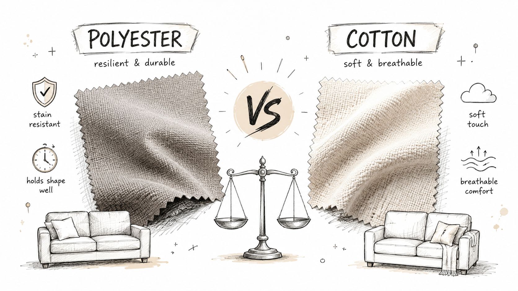 A comparison infographic between polyester and cotton fabrics for sofa upholstery highlighting their unique benefits.