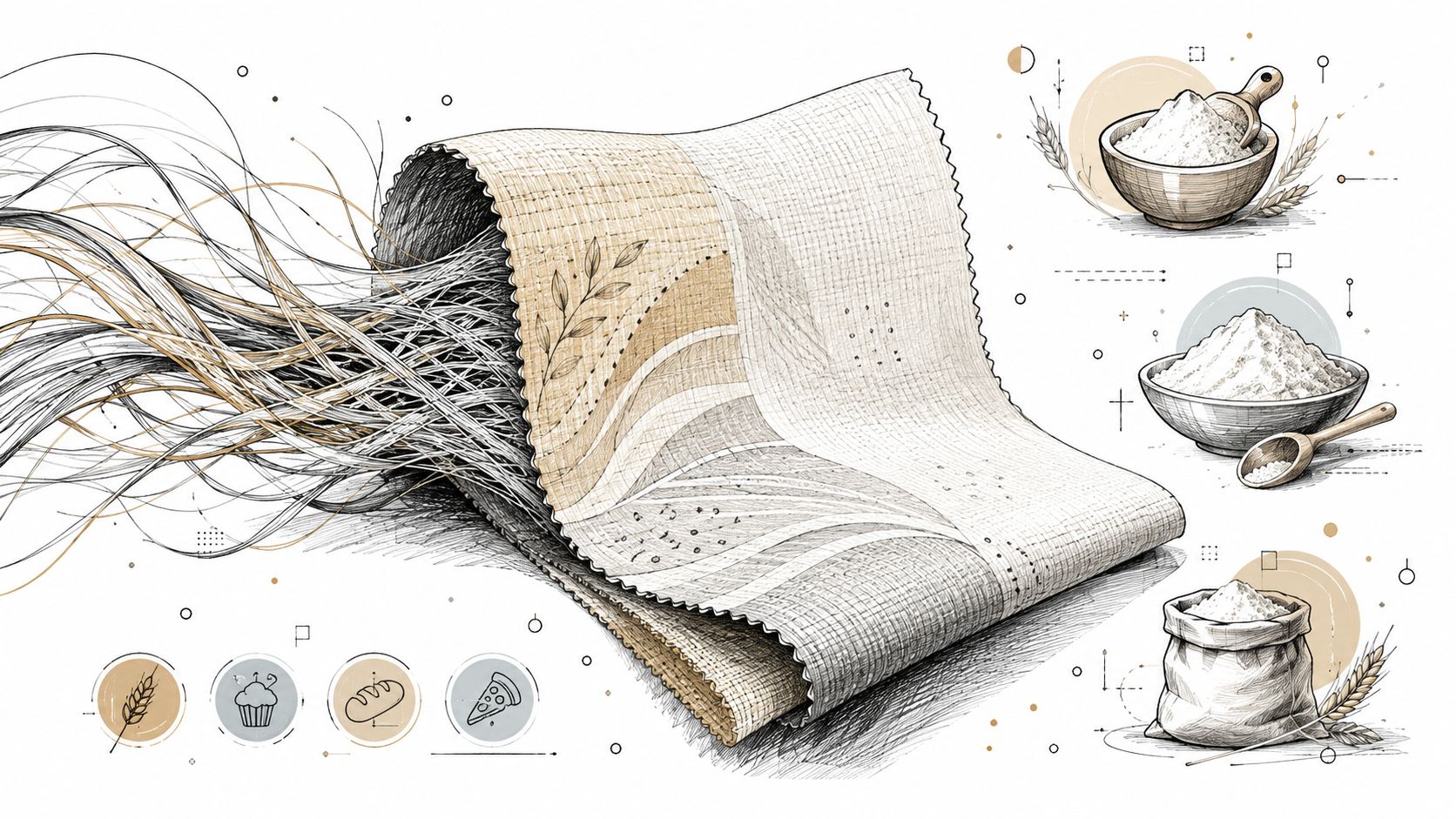 A detailed illustration showing a blend of raw fiber strands transitioning into textured textile fabric and flour.