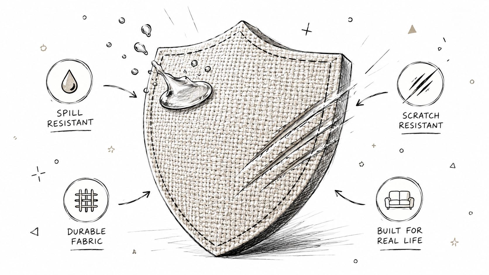 A shield illustration demonstrating fabric features like spill resistance, scratch resistance, durability, and suitability for real life.
