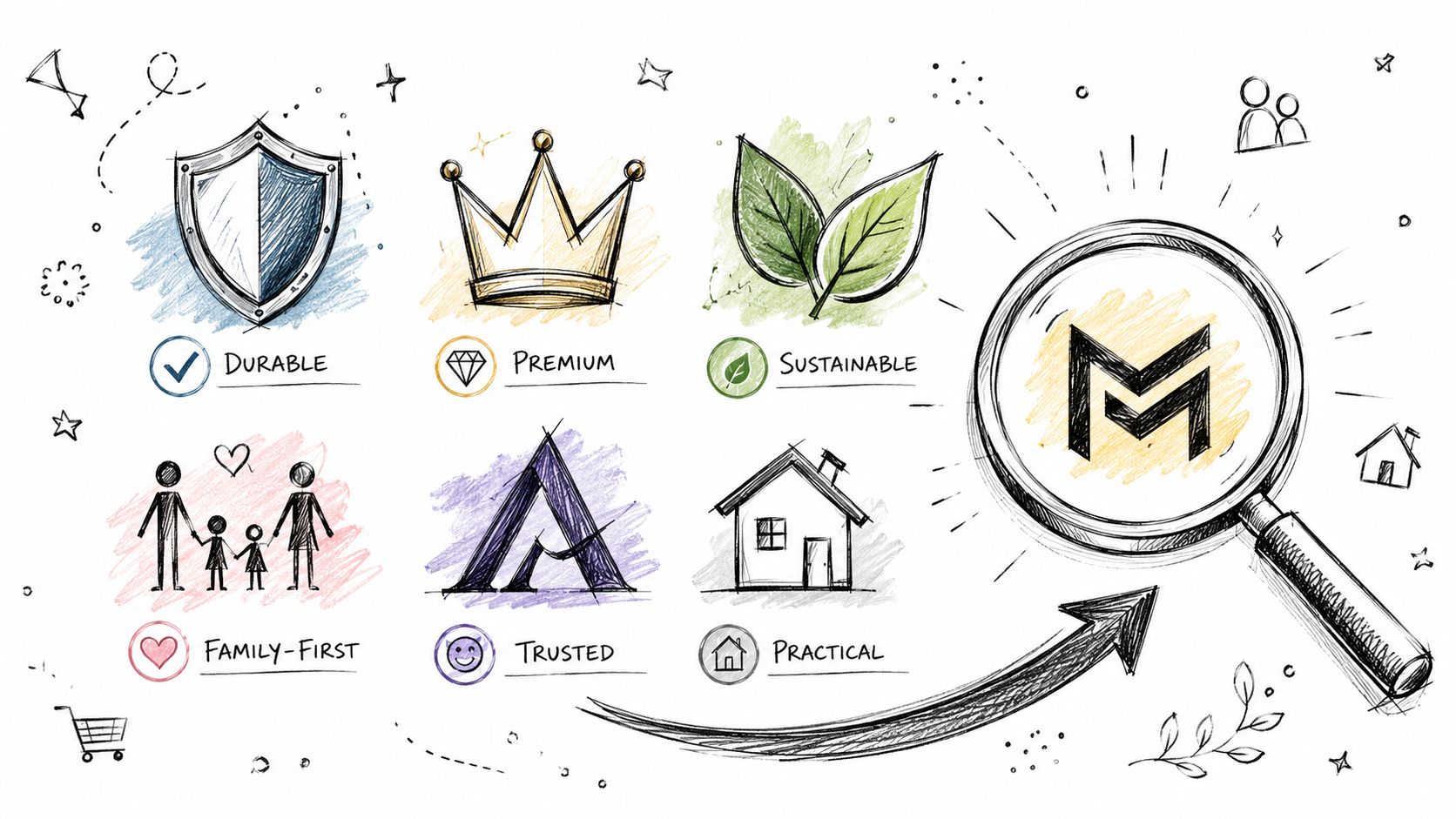 A hand-drawn infographic depicting brand values like durable, premium, sustainable, family-first, trusted, and practical home solutions.