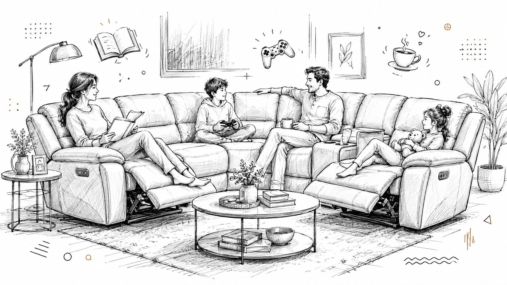 A family relaxing on a large power recliner sectional sofa in a cozy living room setting.