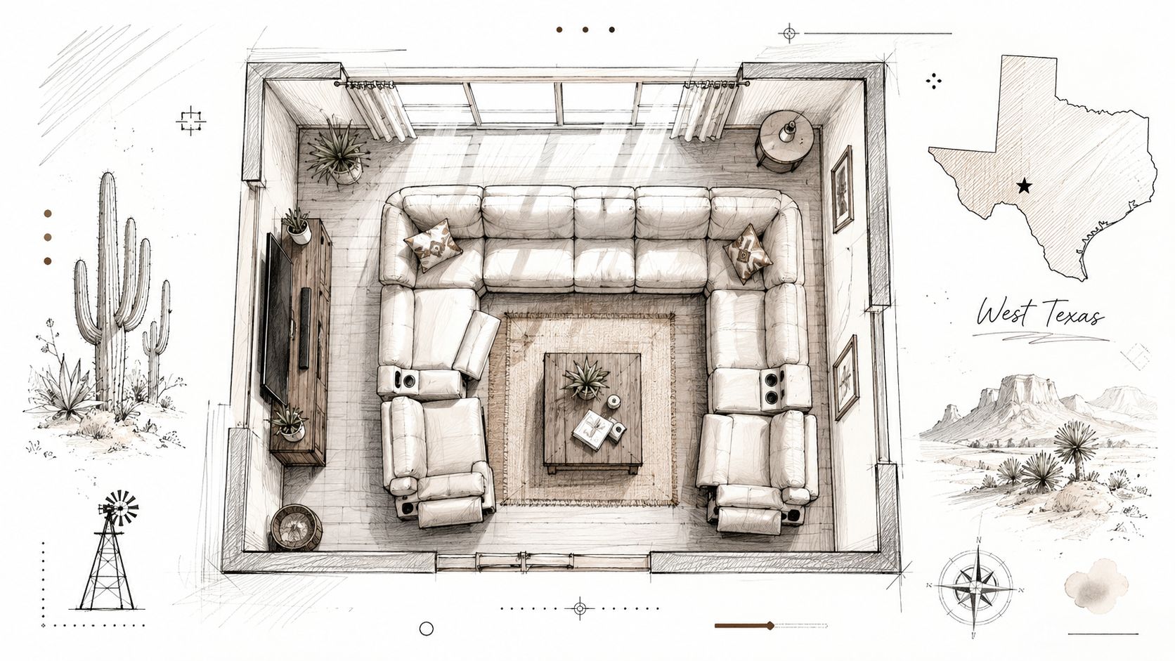 An architectural floor plan sketch featuring a large U-shaped power recliner sectional sofa in a desert room.
