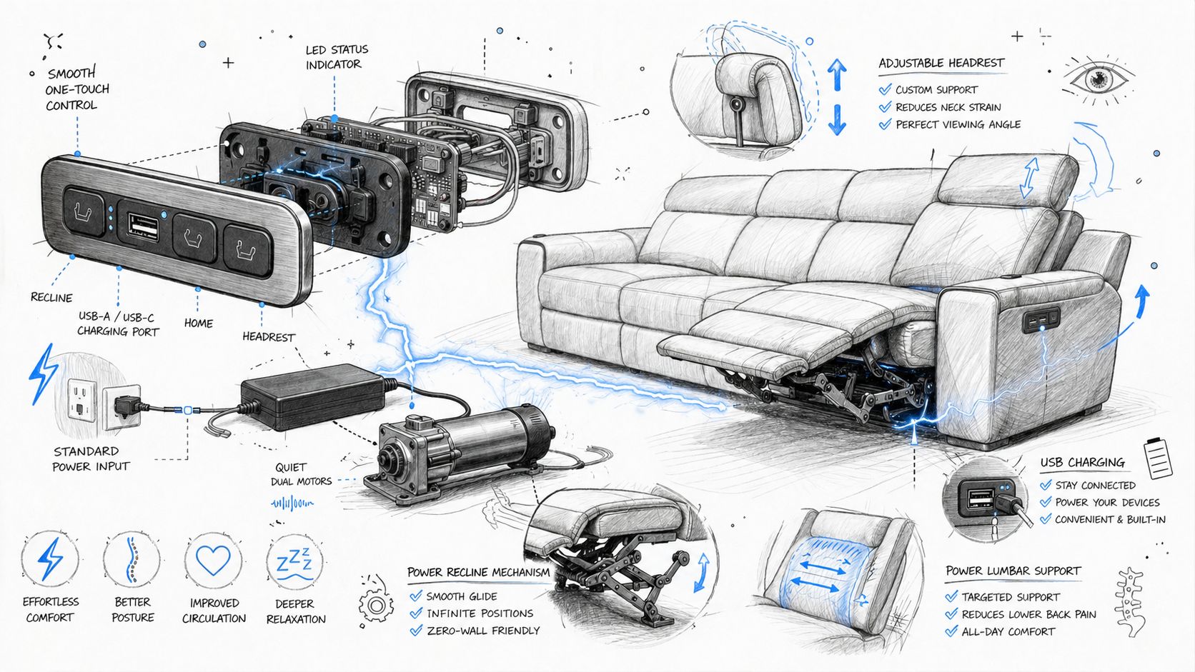 A detailed technical drawing showing the internal components, motor, and adjustable features of a modern power recliner sofa.
