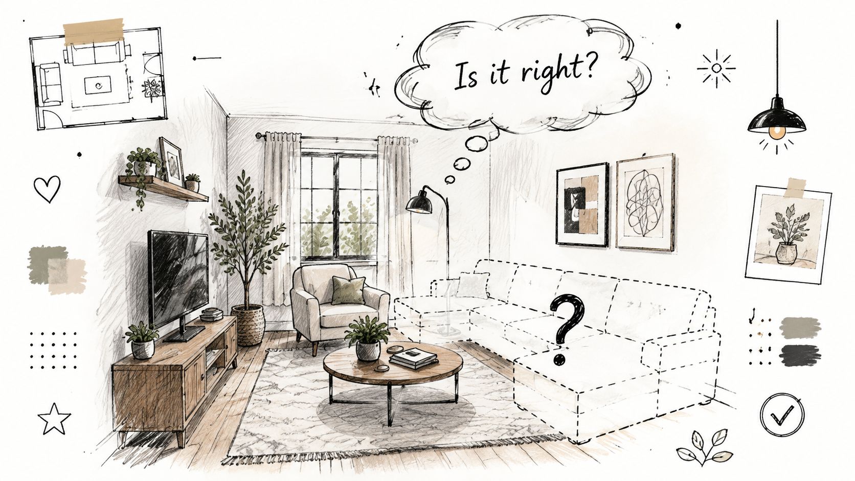 A hand-drawn interior design sketch of a living room layout featuring a sectional sofa placement question.
