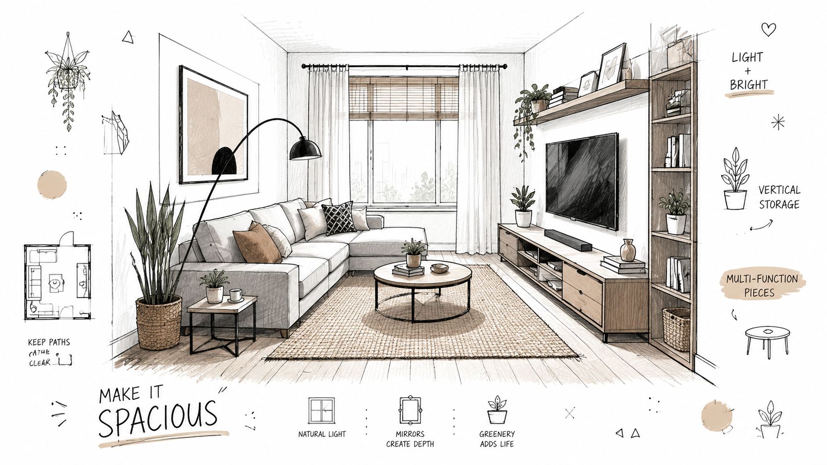 A hand-drawn sketch of a modern, airy living room featuring a sectional sofa, organized decor, and interior design tips.
