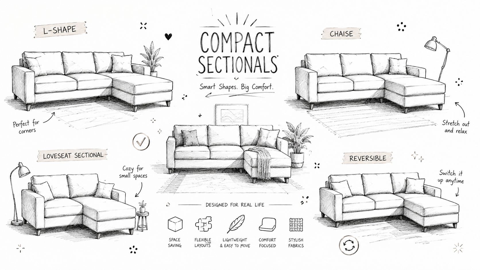 A hand-drawn illustration showcasing various compact sectional sofa designs perfect for small living spaces and layouts.