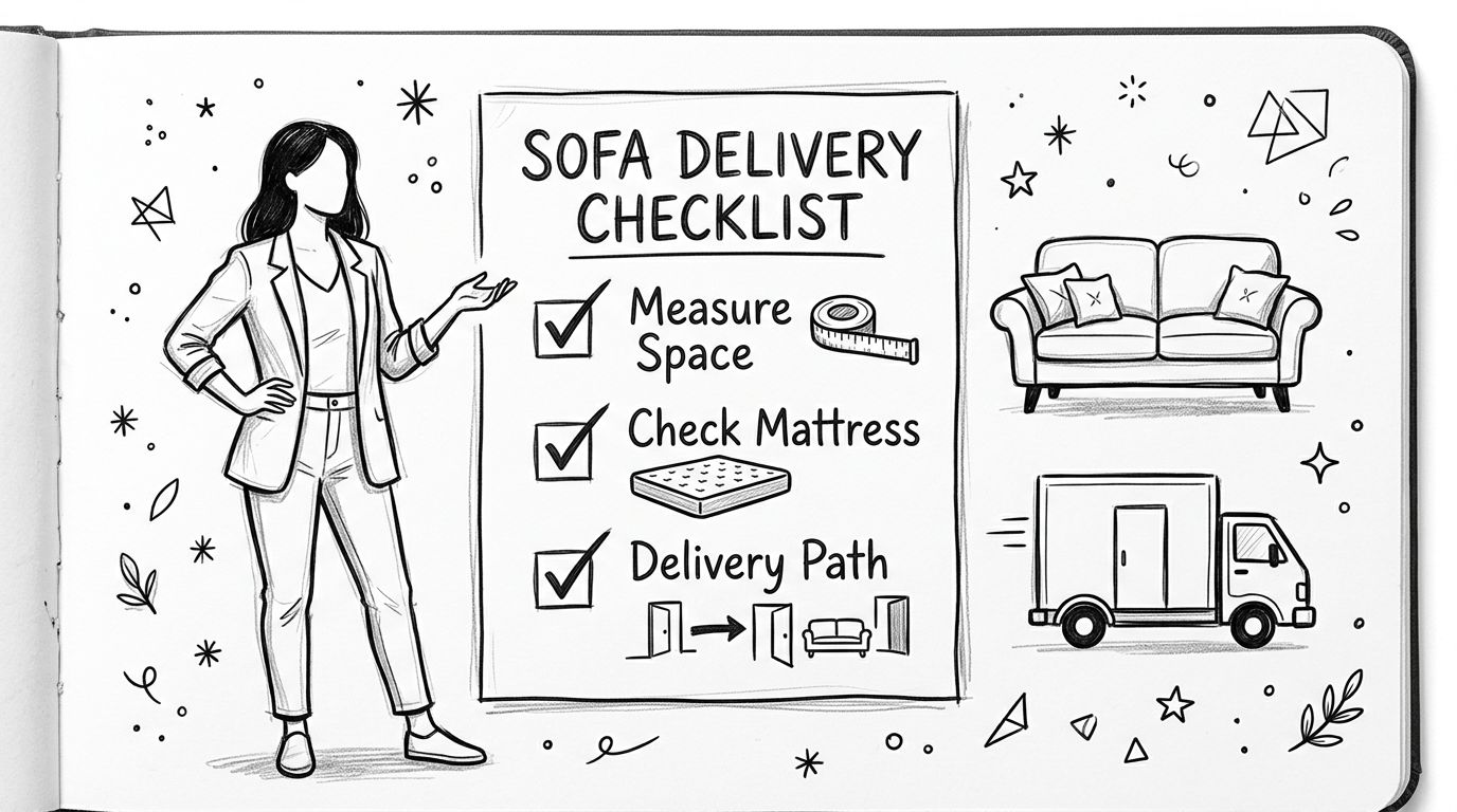 A hand-drawn sketch showing a woman pointing at a checklist for planning a successful sofa delivery.