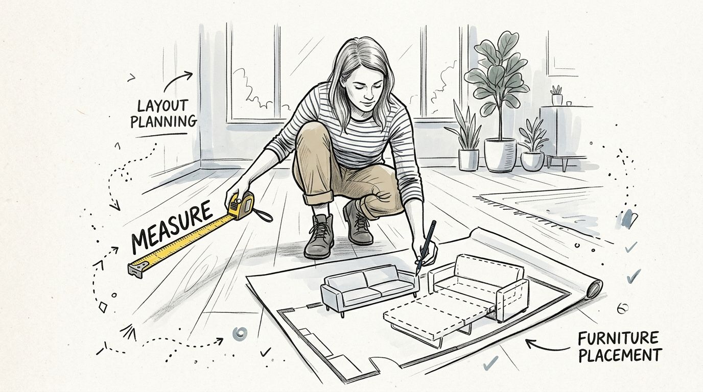 A woman measuring a room with a tape measure while planning furniture layout with a floor plan.