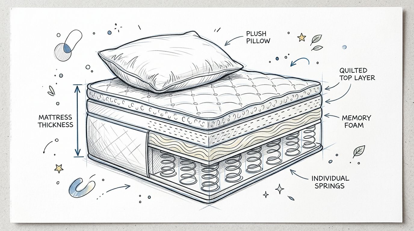 A detailed technical sketch illustration showing the layered components of a hybrid mattress with individual spring coils.