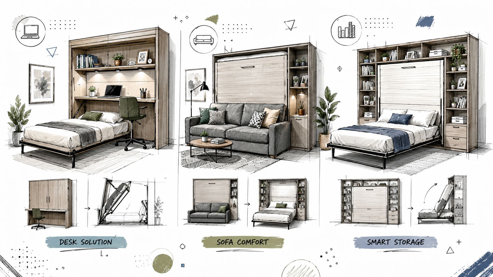 Three conceptual illustrations of space-saving murphy bed designs including desk, sofa, and shelf storage configurations.