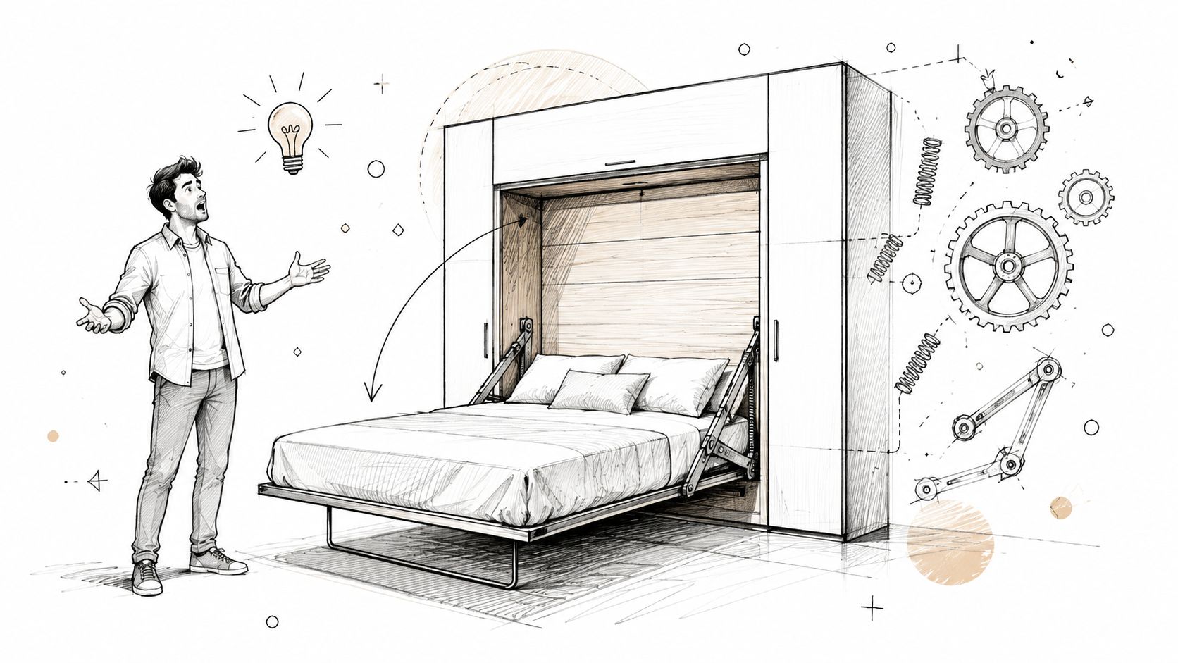 A man looking with wonder at a sketch of a modern wall-mounted Murphy bed mechanism.
