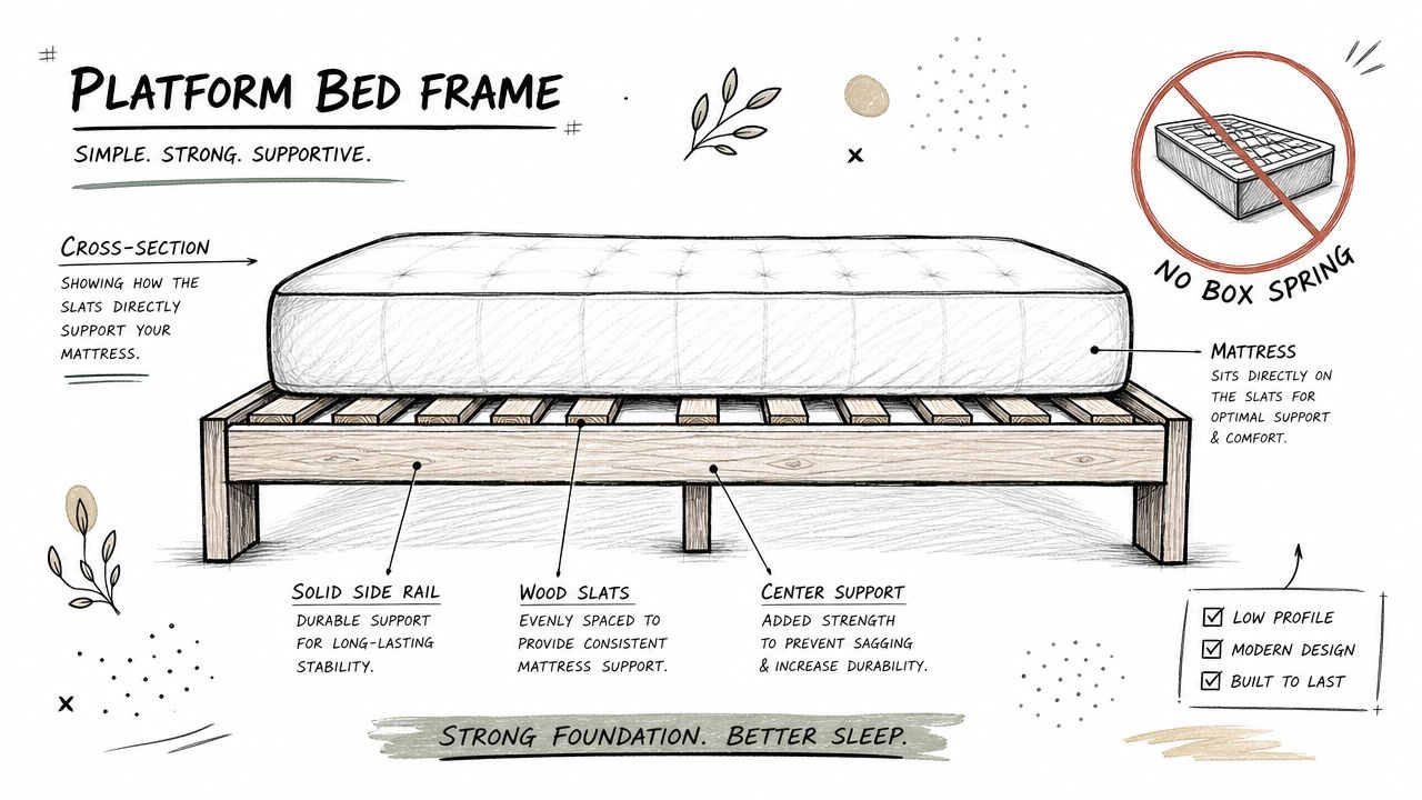 A hand-drawn illustration of a platform bed frame showing mattress support slats and solid side rails.