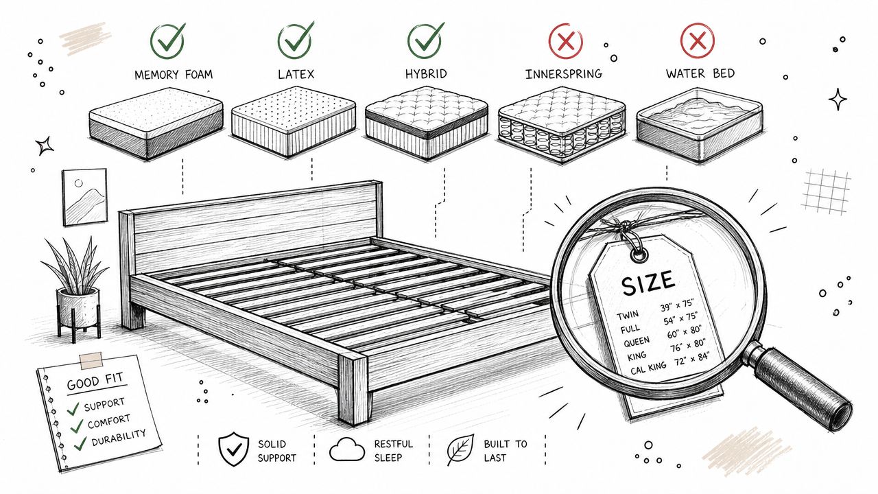 A hand-drawn illustration showing a wooden platform bed frame, mattress types, and standard bed size dimensions.