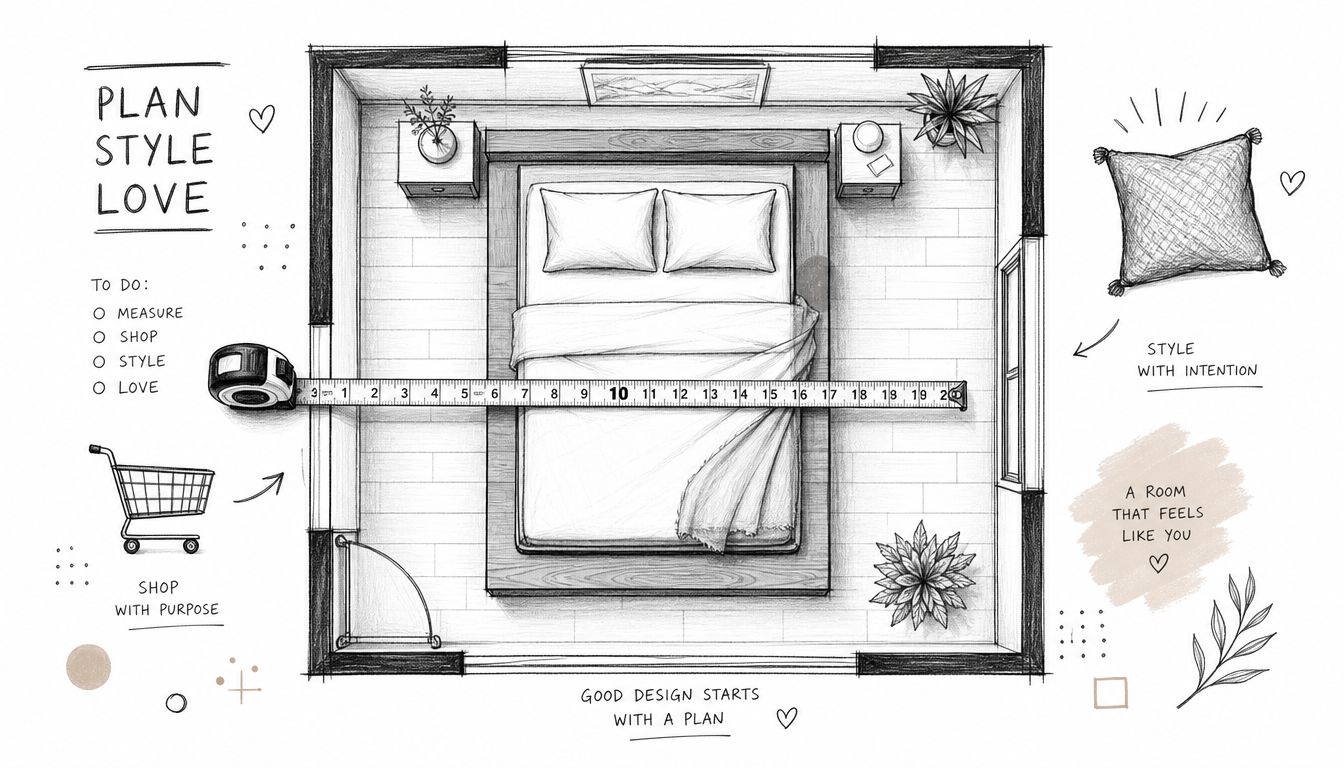 A hand-drawn overhead sketch of a bedroom layout featuring a platform bed and measuring tape