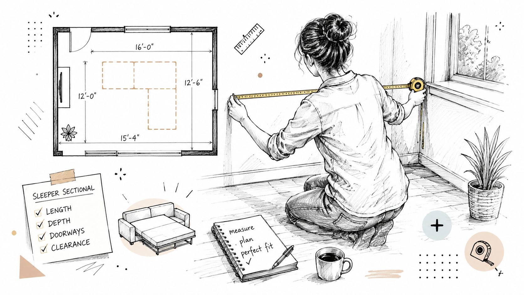 A person measuring a wall with a tape measure next to a floor plan for a sleeper sectional.