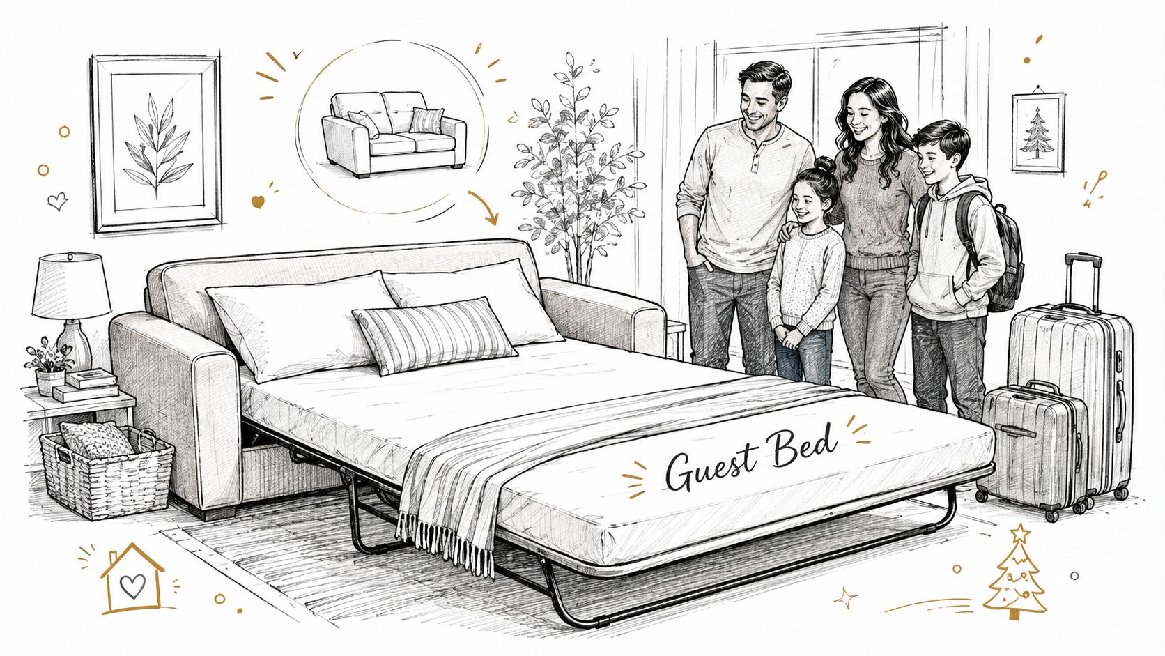 A family stands next to a convertible guest bed sofa in a cozy, hand-drawn sketch illustration.